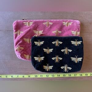Elizabeth Scarlet Pink and Black Velvet Bee Embroidered Pouches Bags